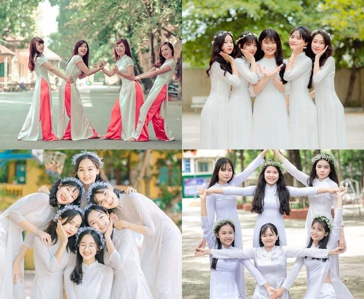 Cách tạo dáng chụp ảnh áo dài nhóm theo hình khối (Nguồn: tham khảo)